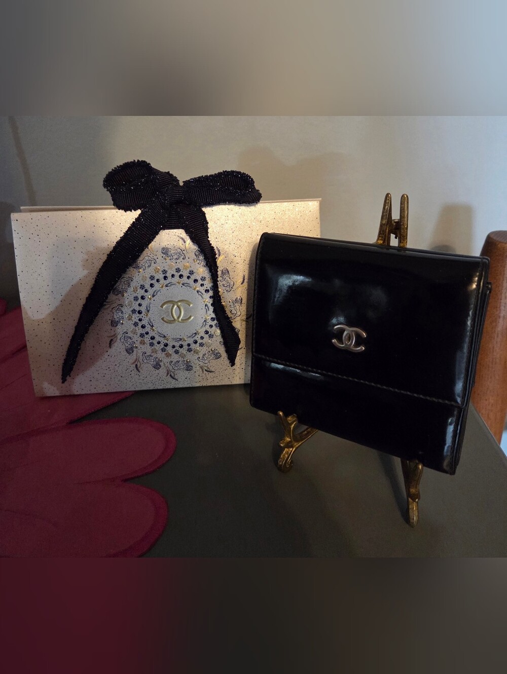 CHANEL PATENT LEATHER TRIFOLD WALLET With Package Box Good Condition #6722473